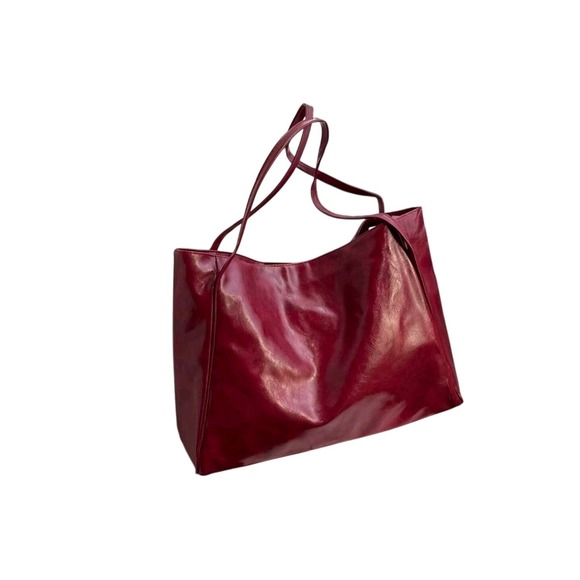 Chic Burgundy Faux Leather Tote Bag Oversized Shopper Shoulder Handbag - Picture 2 of 6